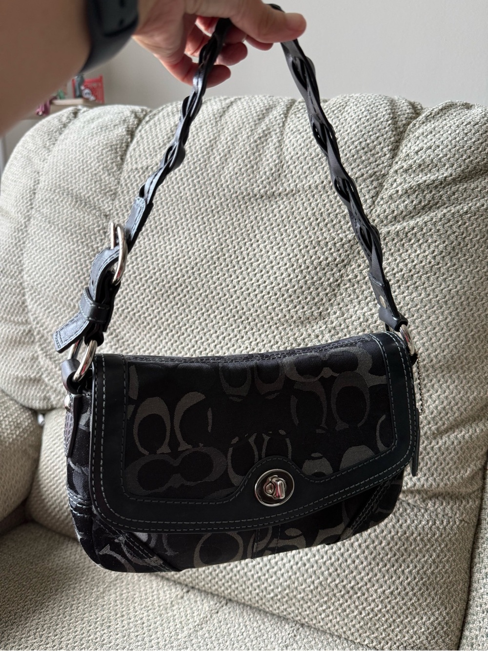 Coach Black Signature Canvas Vintage y2k Shoulder Bag with Twisted Leather Strap